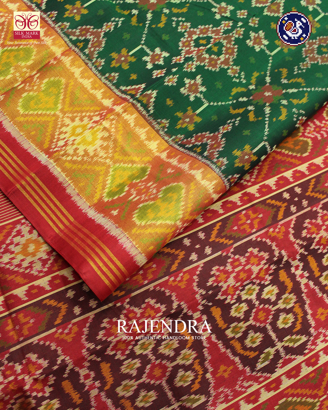 Traditional Navratna Design Red and Green Rajkot Patola Saree