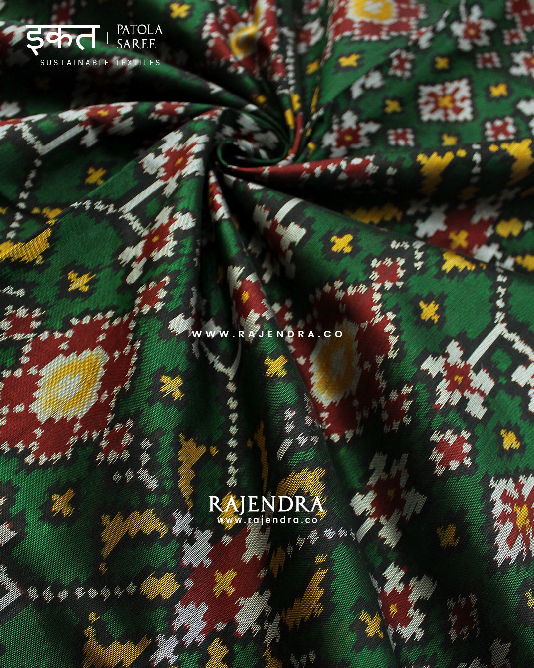 Traditional Navratna Design Red and green Single Ikat Rajkot Patola Saree