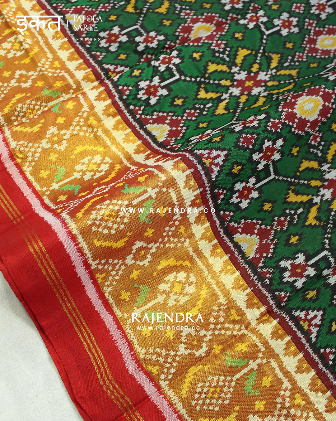 Traditional Navratna Design Red and green Single Ikat Rajkot Patola Saree