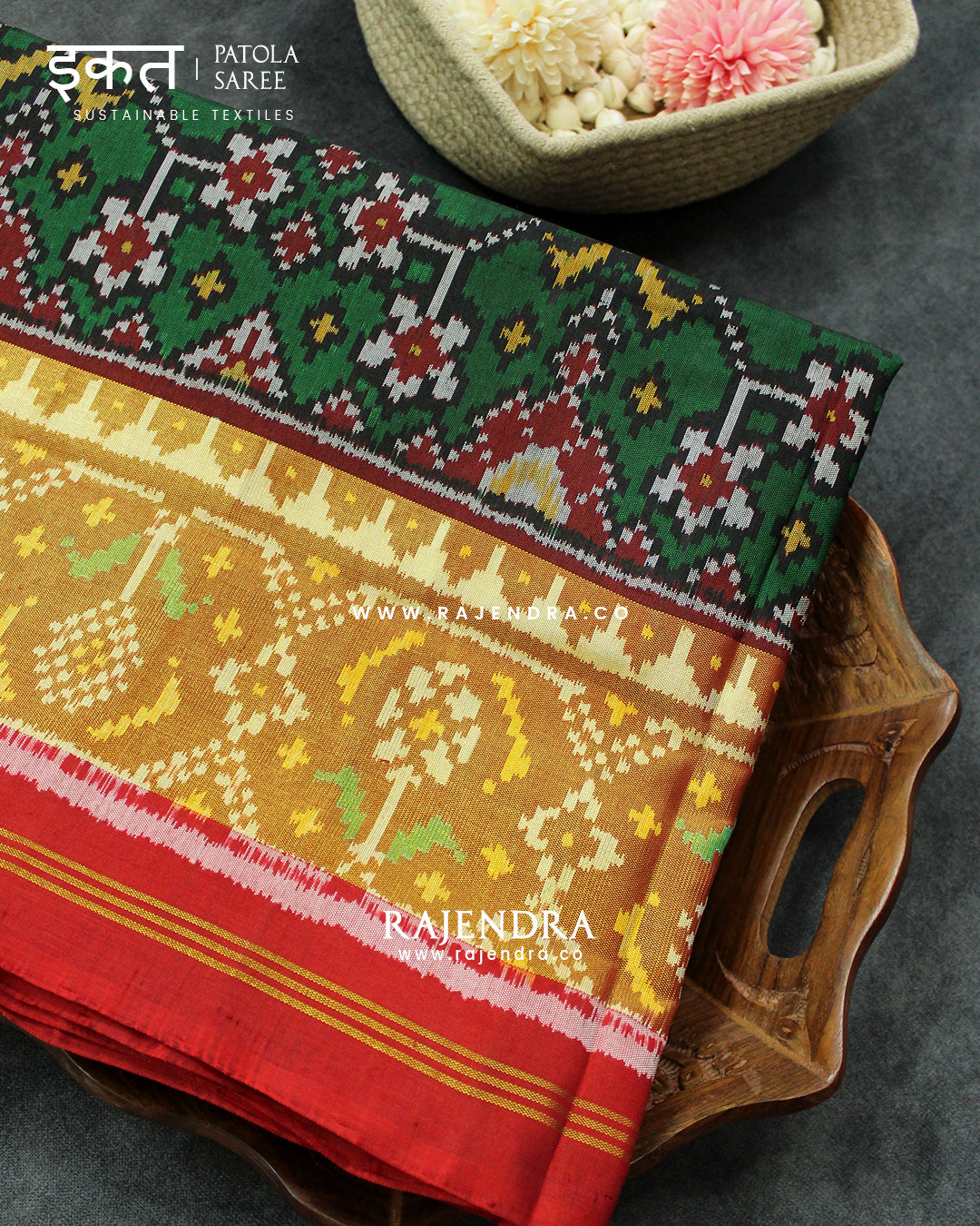 Traditional Navratna Design Red and green Single Ikat Rajkot Patola Saree