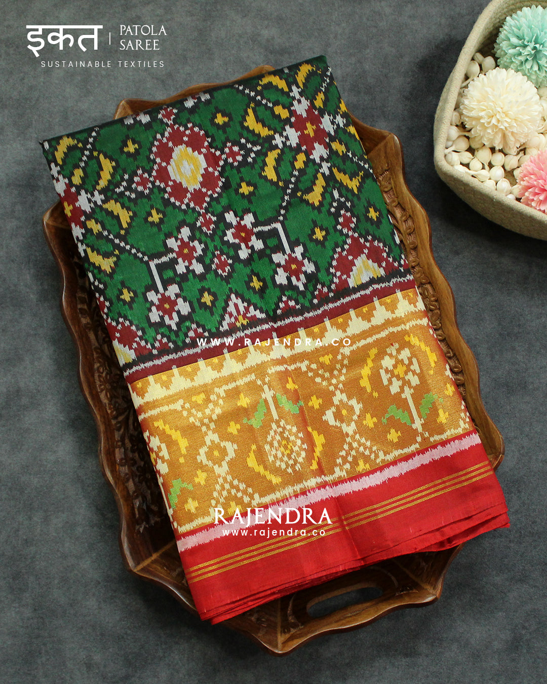 Traditional Navratna Design Red and green Single Ikat Rajkot Patola Saree