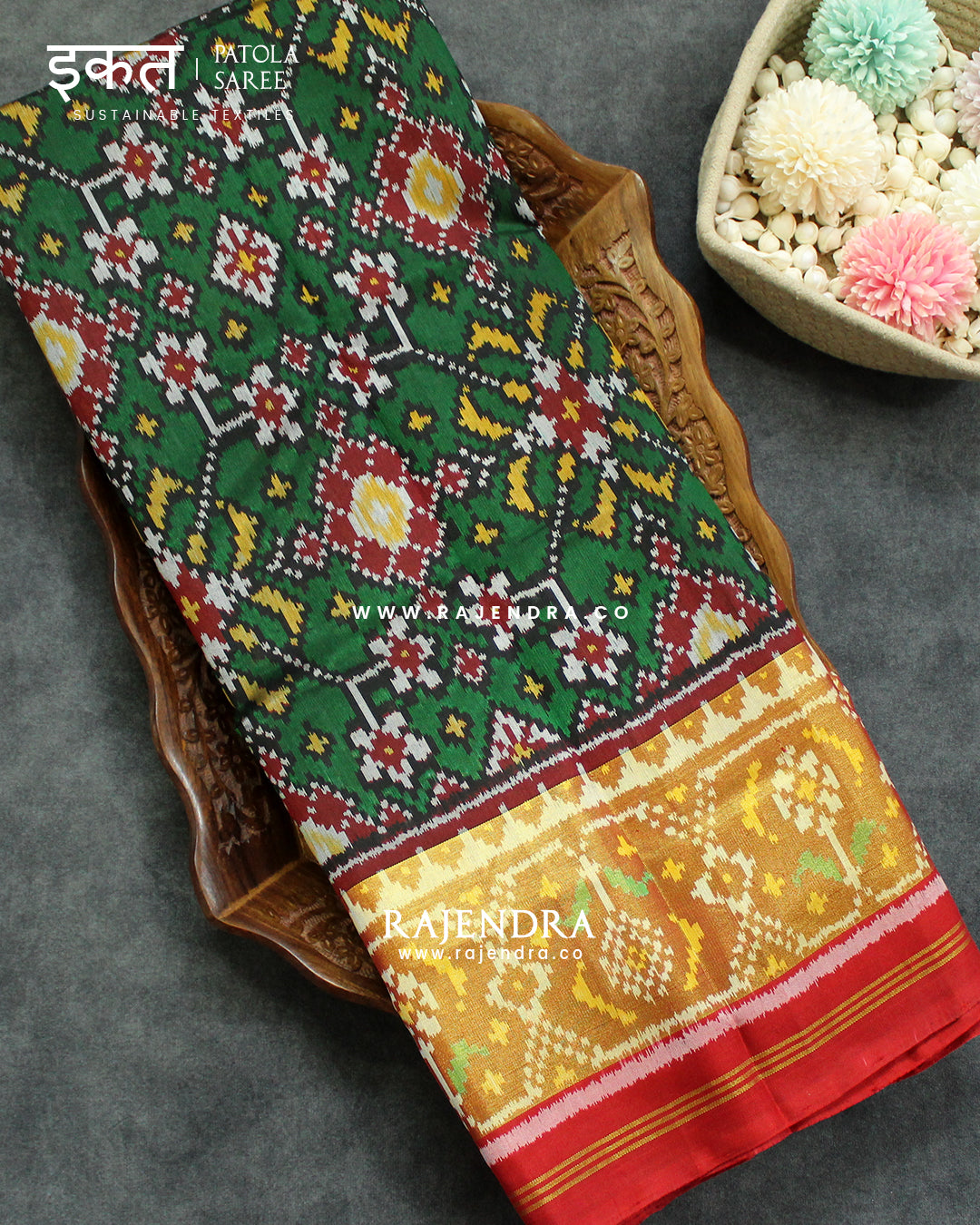 Traditional Navratna Design Red and green Single Ikat Rajkot Patola Saree