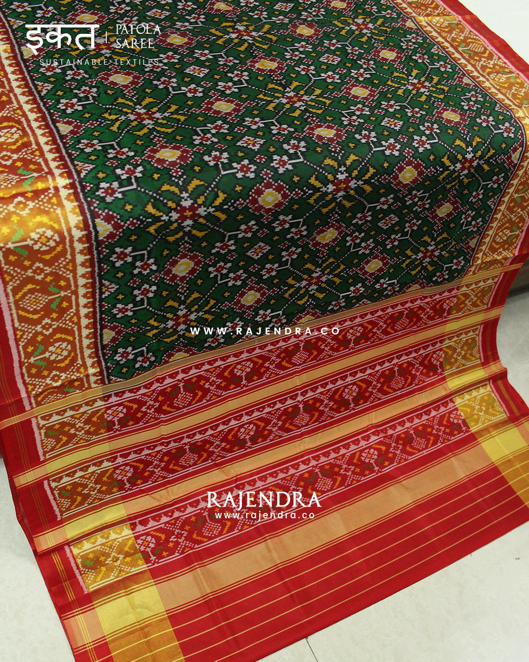 Traditional Navratna Design Red and green Single Ikat Rajkot Patola Saree