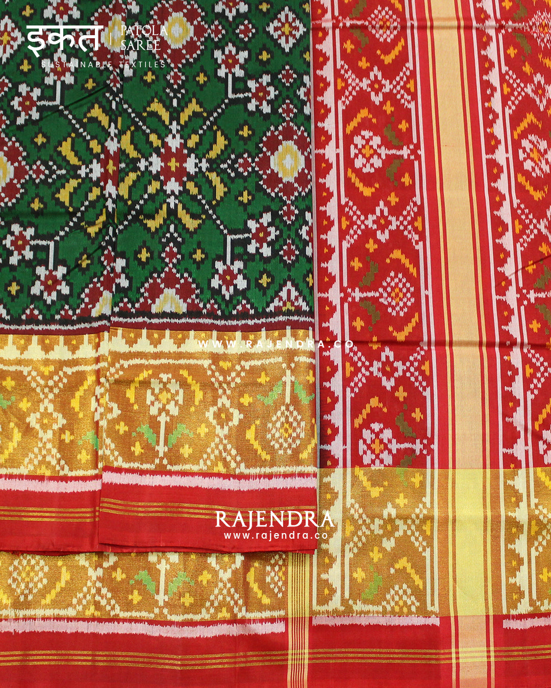 Traditional Navratna Design Red and green Single Ikat Rajkot Patola Saree