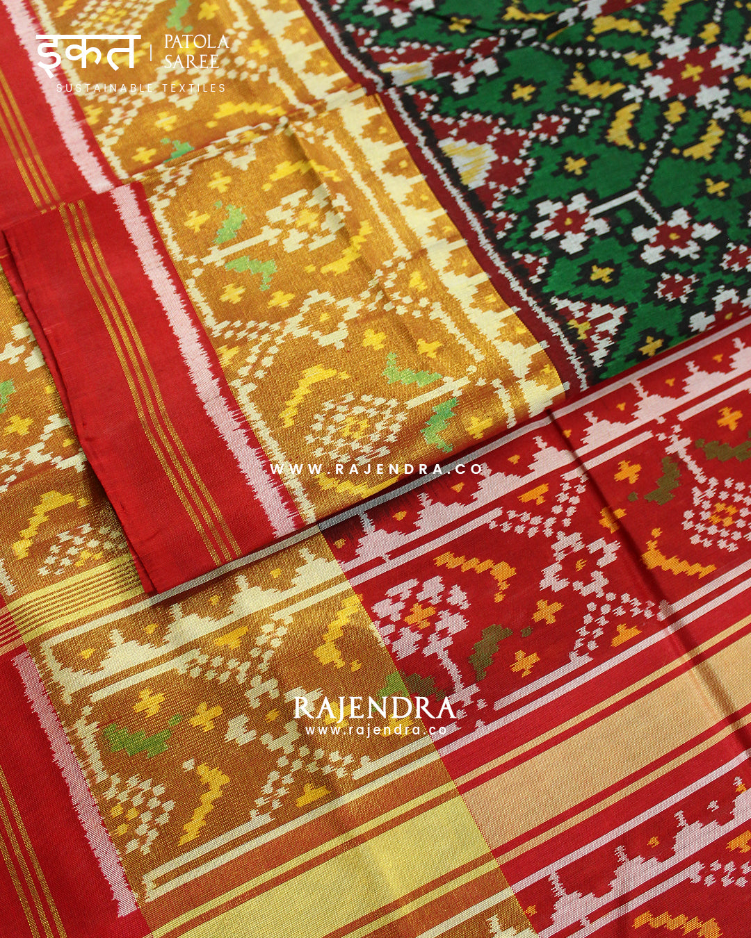 Traditional Navratna Design Red and green Single Ikat Rajkot Patola Saree