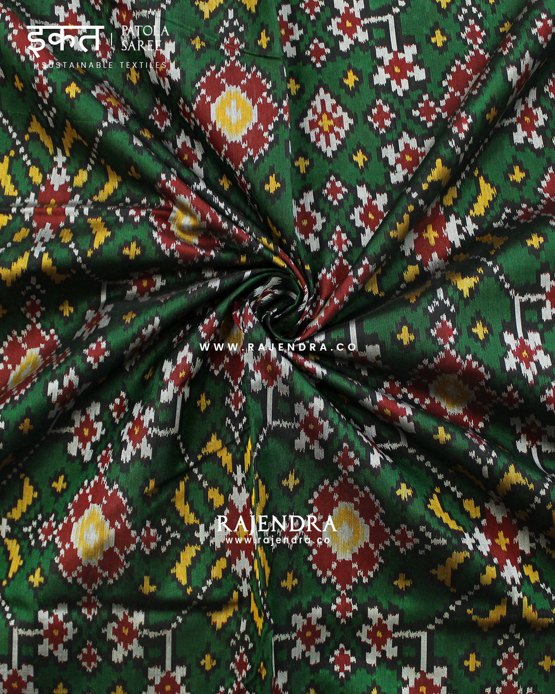 Traditional Navratna Design Red and green Single Ikat Rajkot Patola Saree