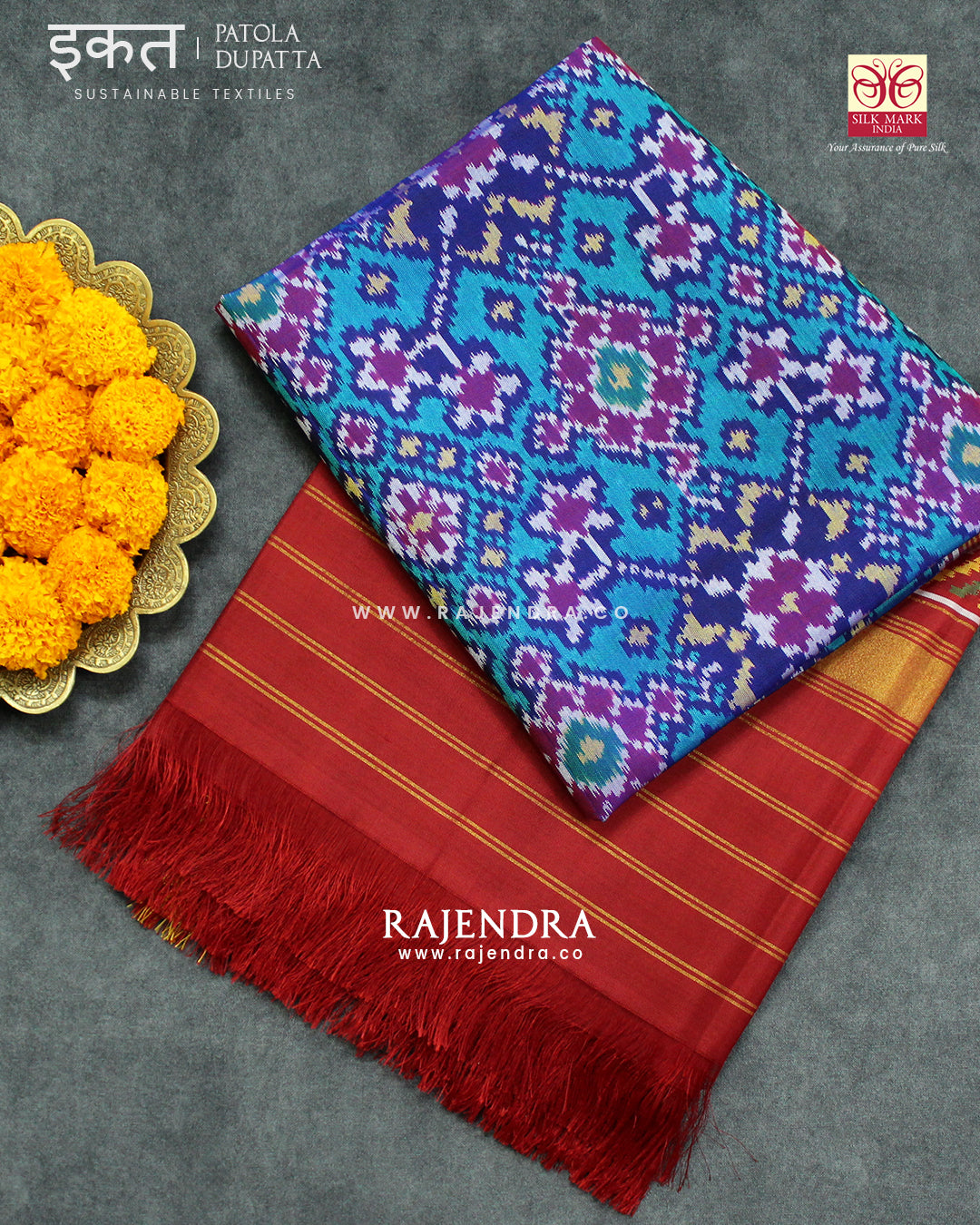Traditional Navratna Red and Light Blue Semi Double Ikat Rajkot Patola Dupatta