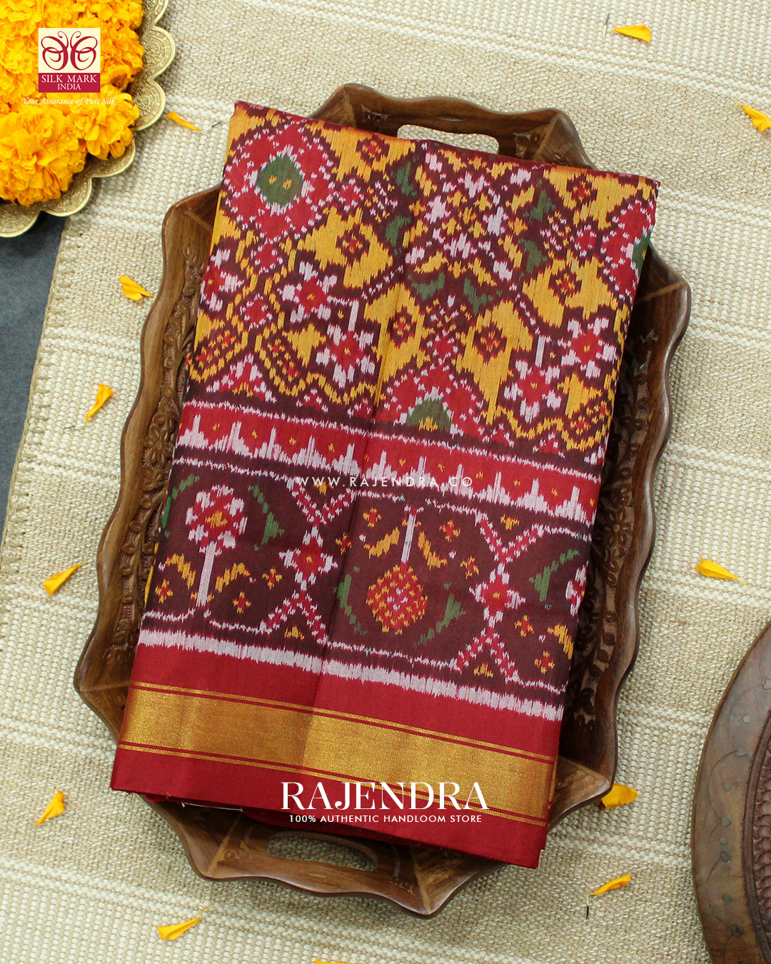 Traditional Navratna Design Red and Mustard Single Ikat Rajkot Patola Saree