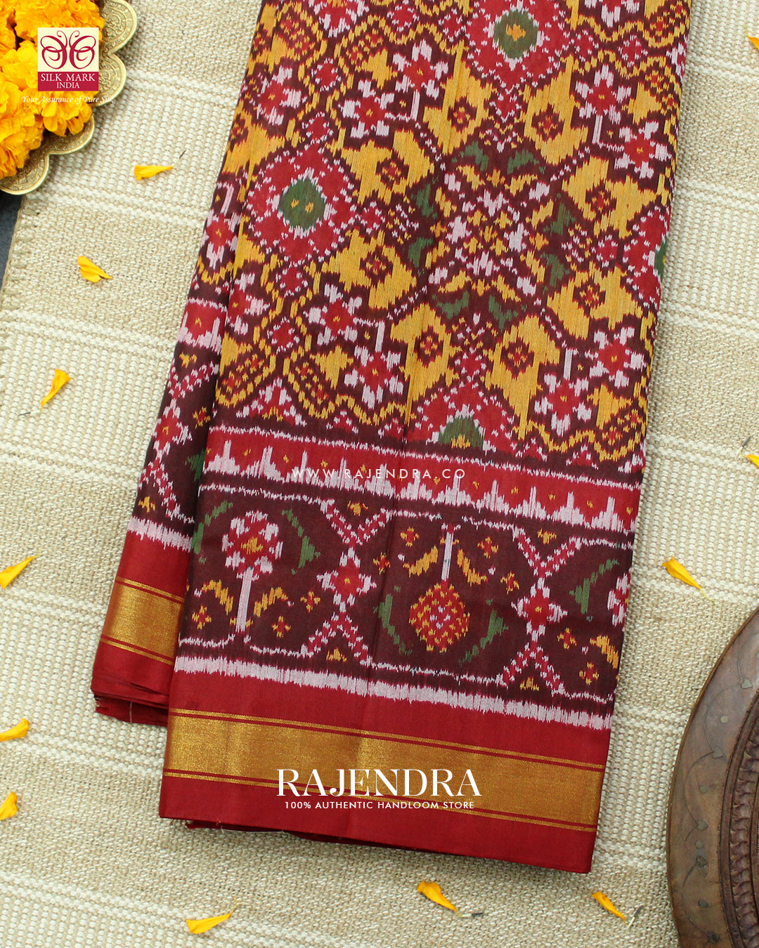 Traditional Navratna Design Red and Mustard Single Ikat Rajkot Patola Saree