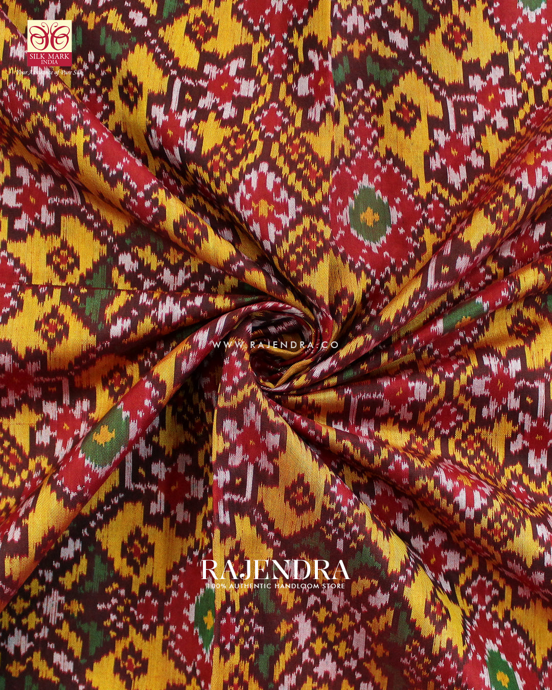 Traditional Navratna Design Red and Mustard Single Ikat Rajkot Patola Saree