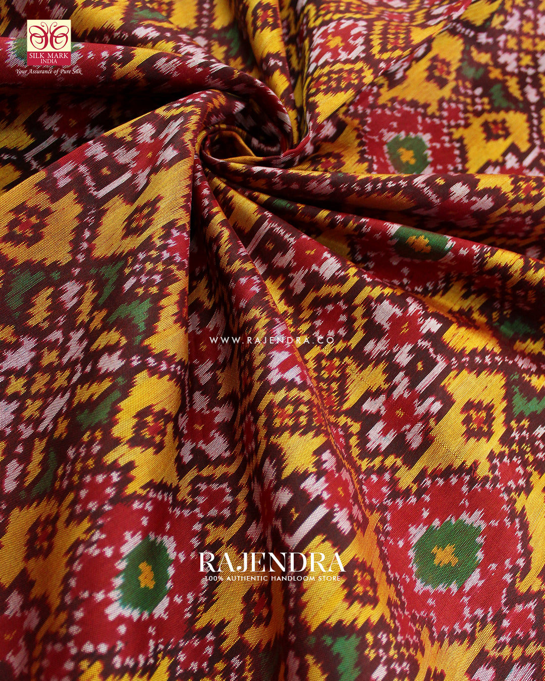 Traditional Navratna Design Red and Mustard Single Ikat Rajkot Patola Saree