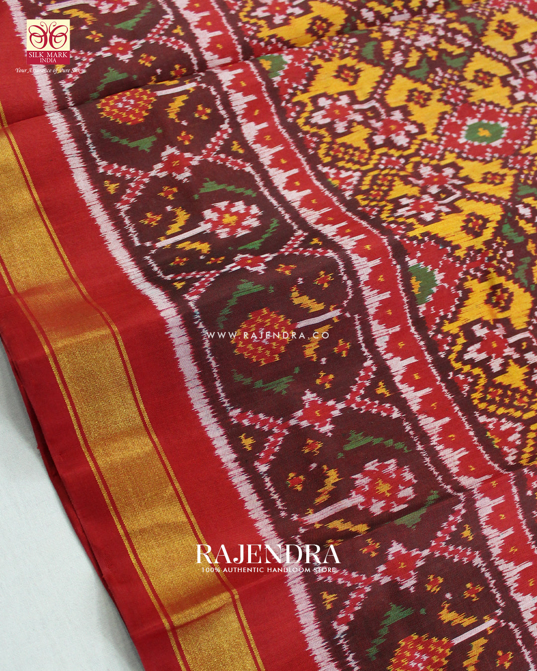 Traditional Navratna Design Red and Mustard Single Ikat Rajkot Patola Saree