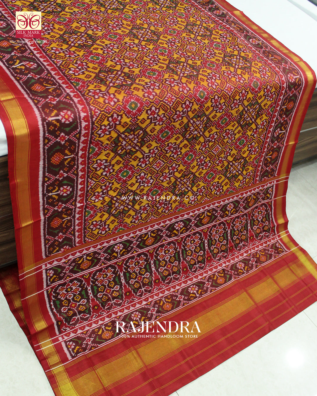Traditional Navratna Design Red and Mustard Single Ikat Rajkot Patola Saree