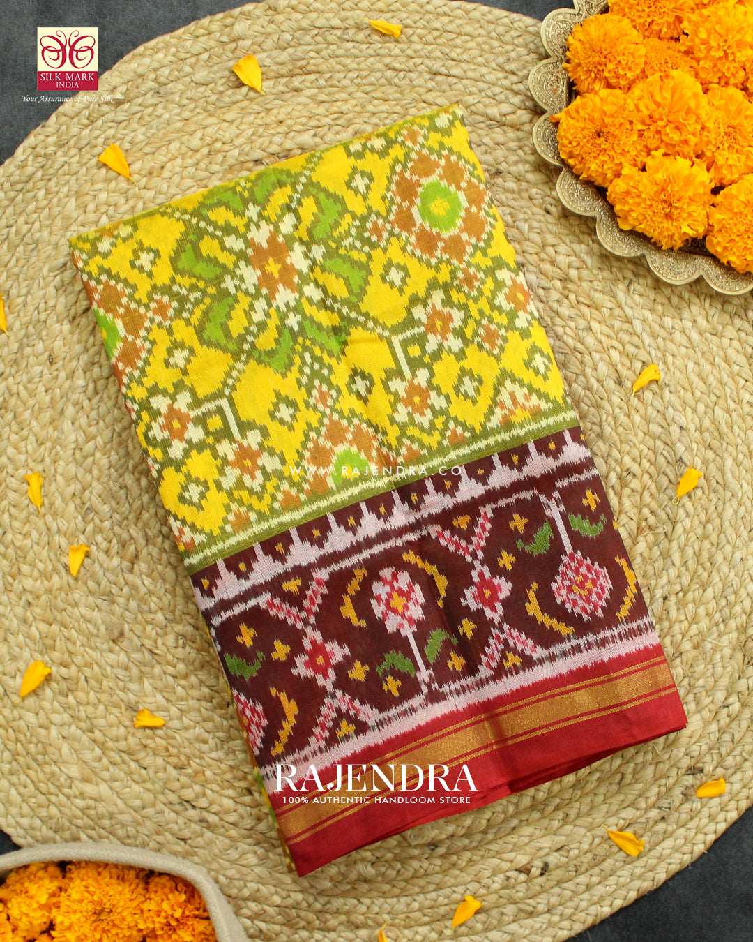 Traditional Navratna Red and Yellow Single Ikat Rajkot Patola Saree