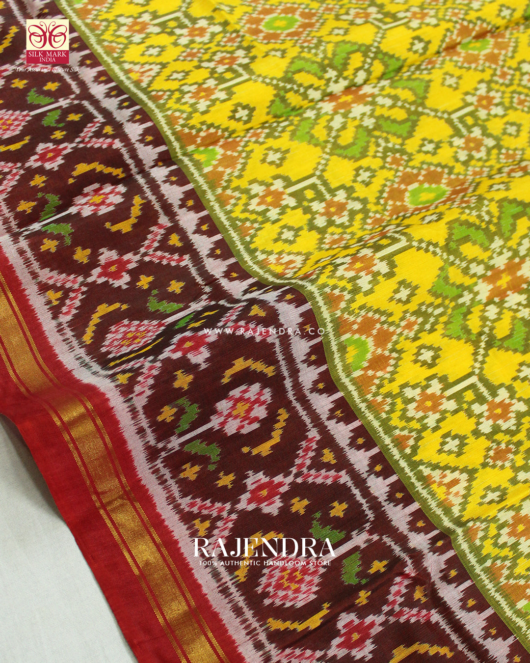 Traditional Navratna Red and Yellow Single Ikat Rajkot Patola Saree