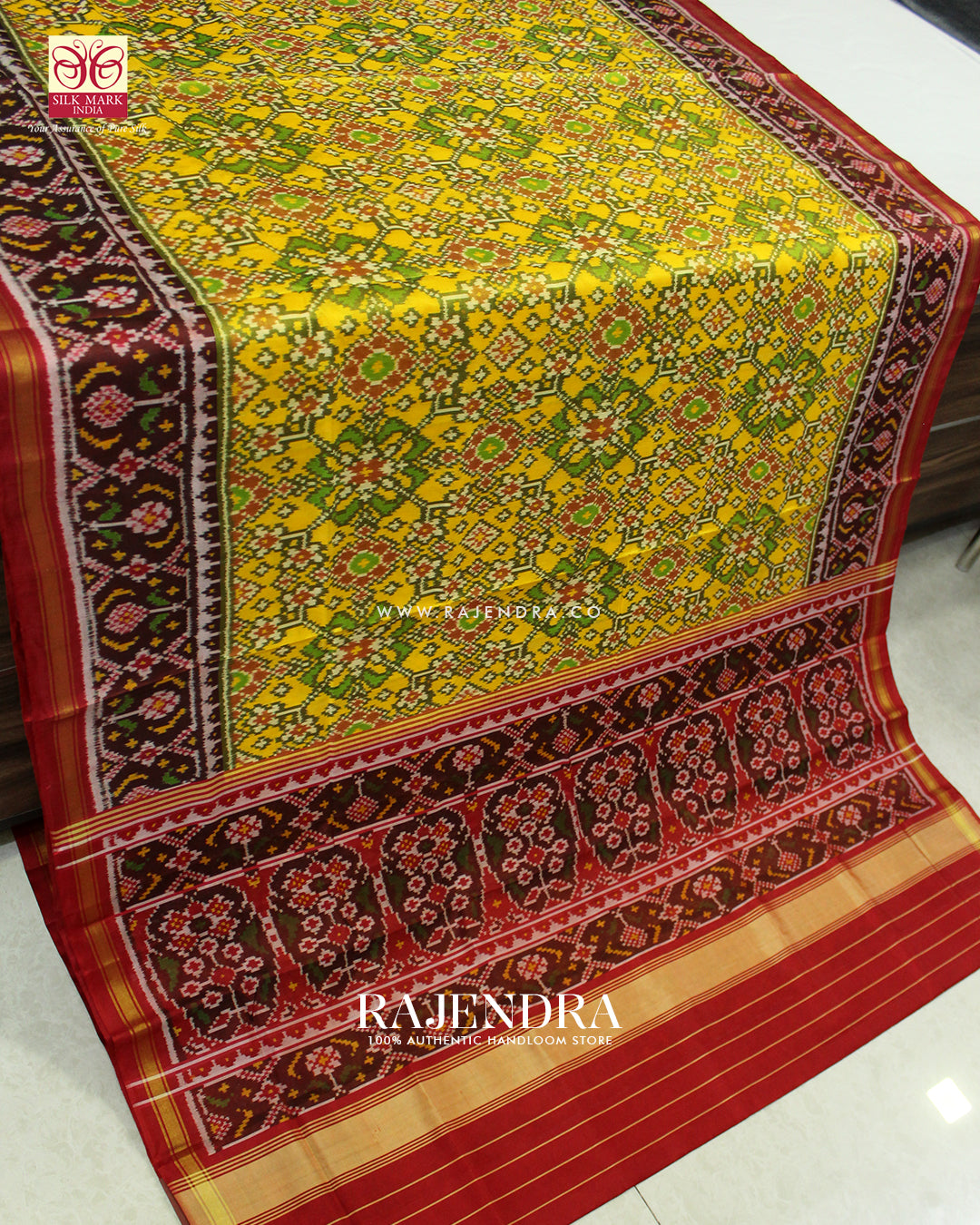 Traditional Navratna Red and Yellow Single Ikat Rajkot Patola Saree