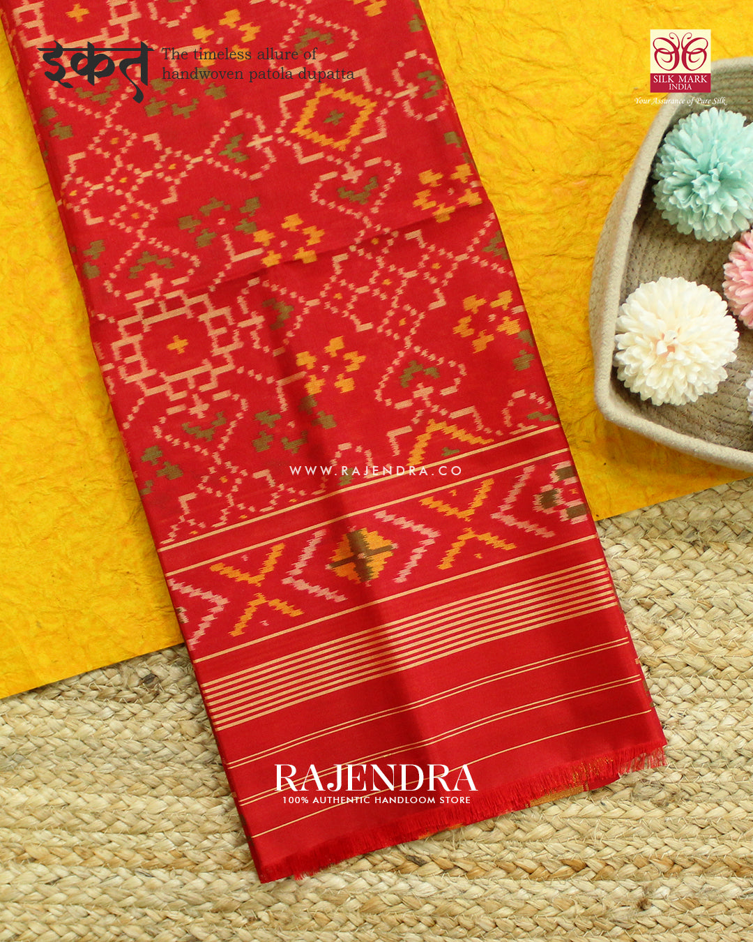 Traditional Navratna Design Red Single Ikat Rajkot Patola Dupatta