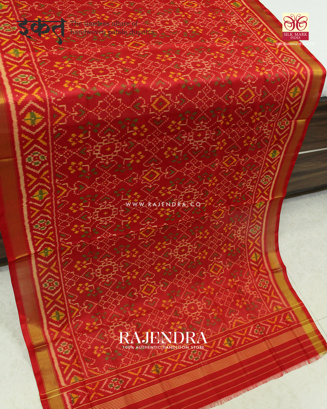 Traditional Navratna Design Red Single Ikat Rajkot Patola Dupatta