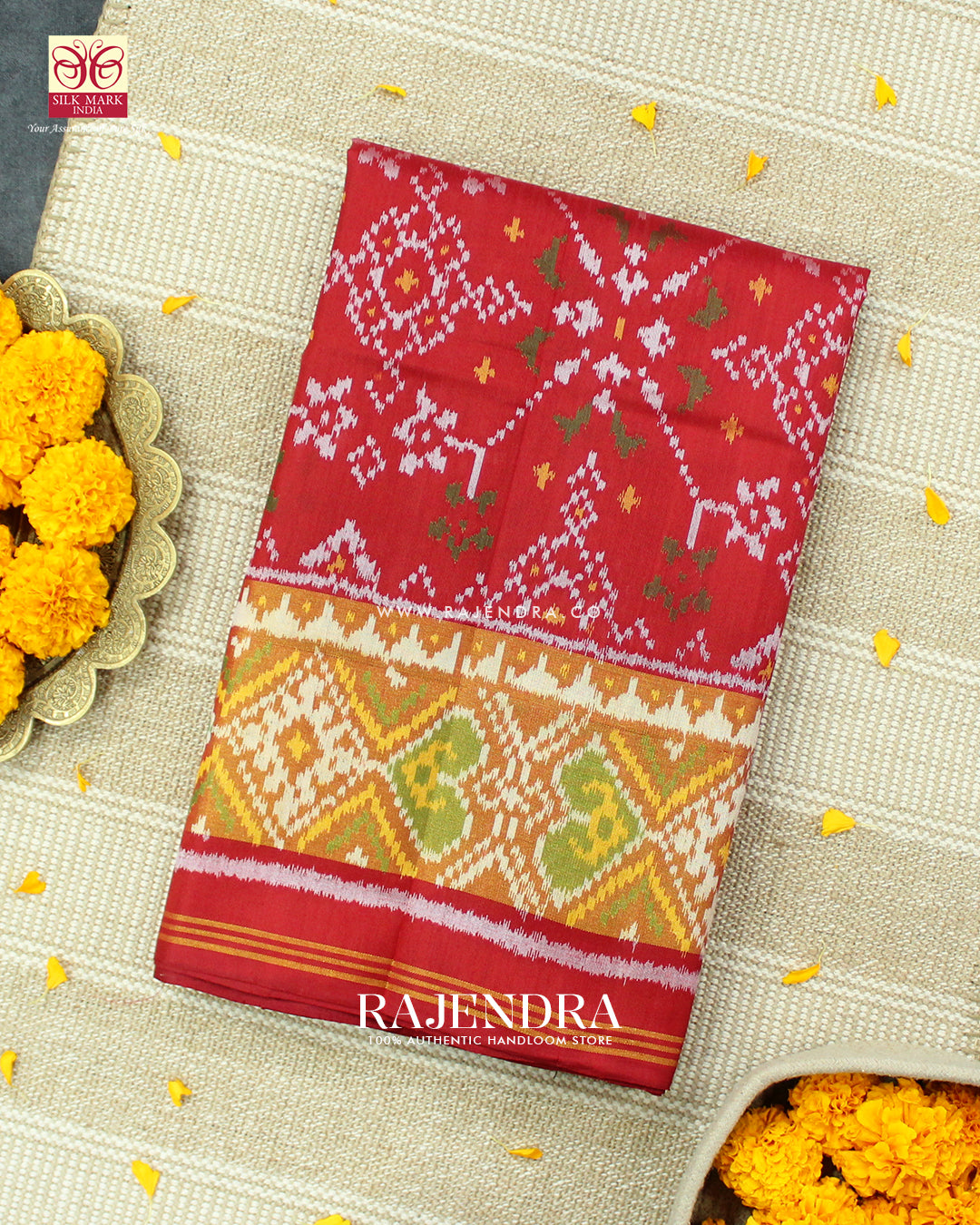 Traditional Navratna Design Red Single Ikat Rajkot Patola Saree