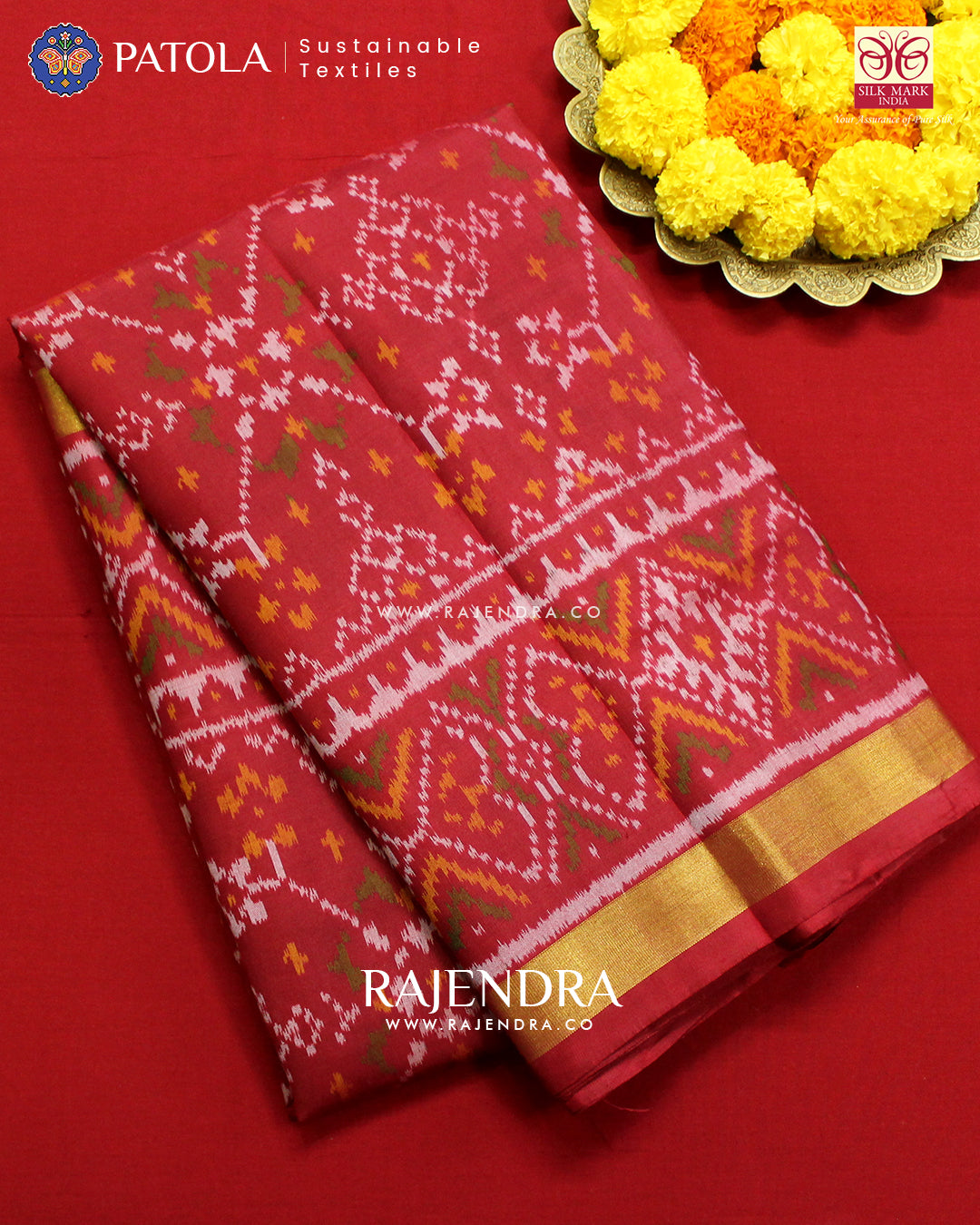 Traditional Navranta Design Red Single Ikat Rajkot Patola Saree