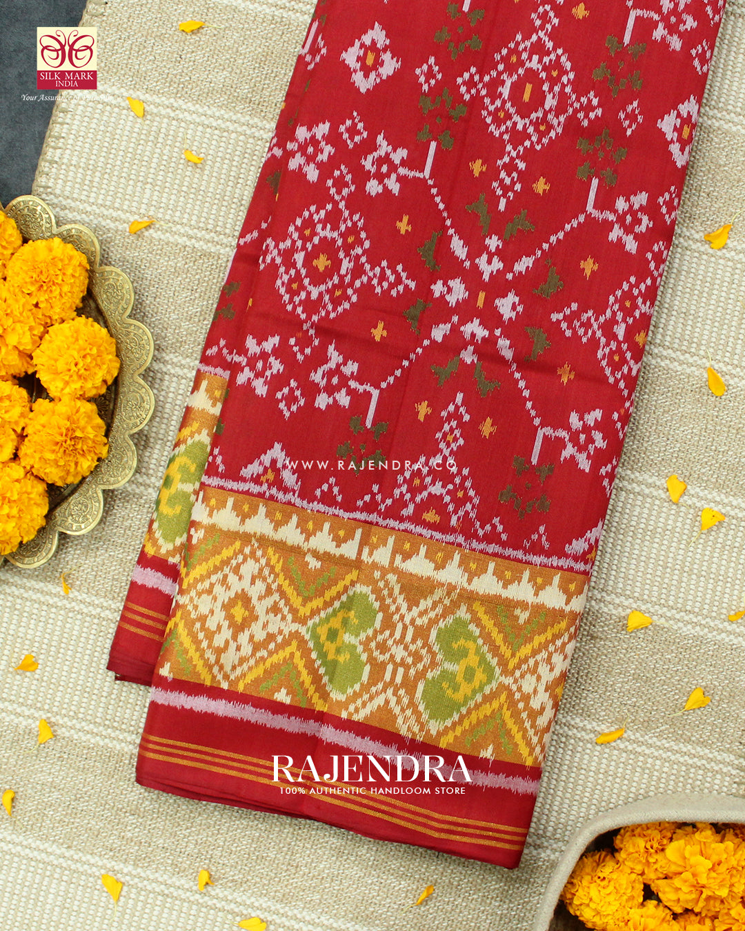Traditional Navratna Design Red Single Ikat Rajkot Patola Saree