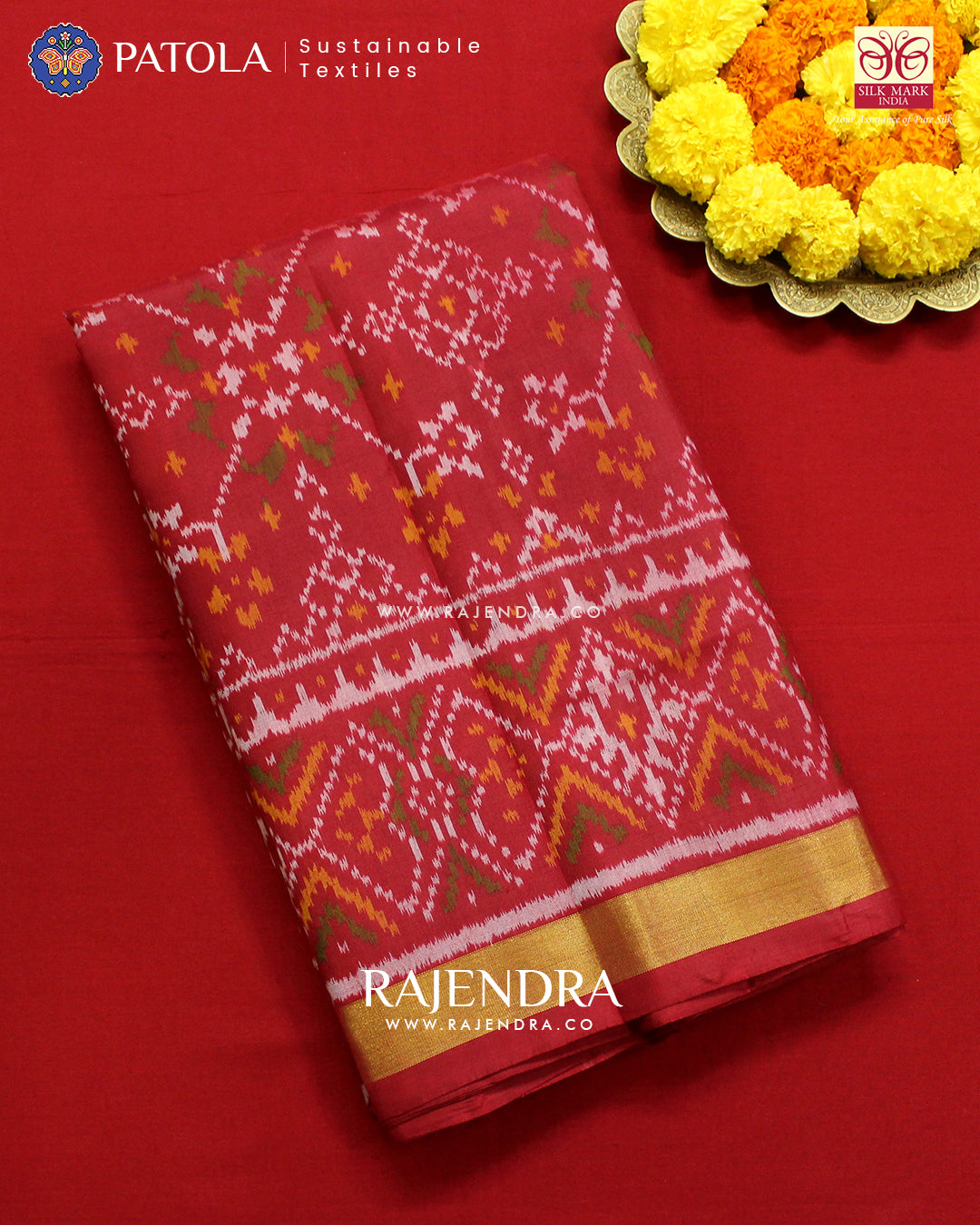 Traditional Navranta Design Red Single Ikat Rajkot Patola Saree