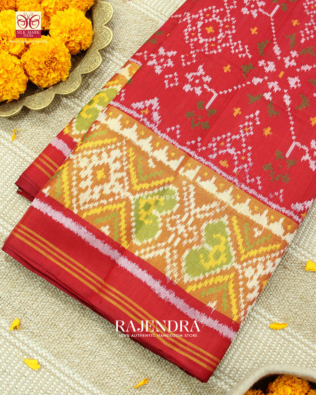 Traditional Navratna Design Red Single Ikat Rajkot Patola Saree