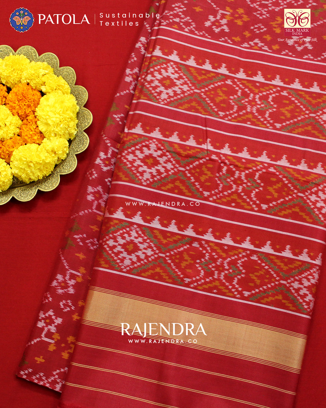 Traditional Navranta Design Red Single Ikat Rajkot Patola Saree