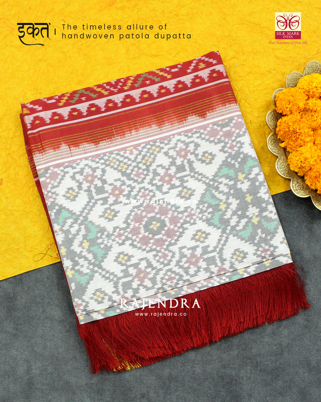 Traditional Navratna Red White Ikat Rajkot Patola Dupatta