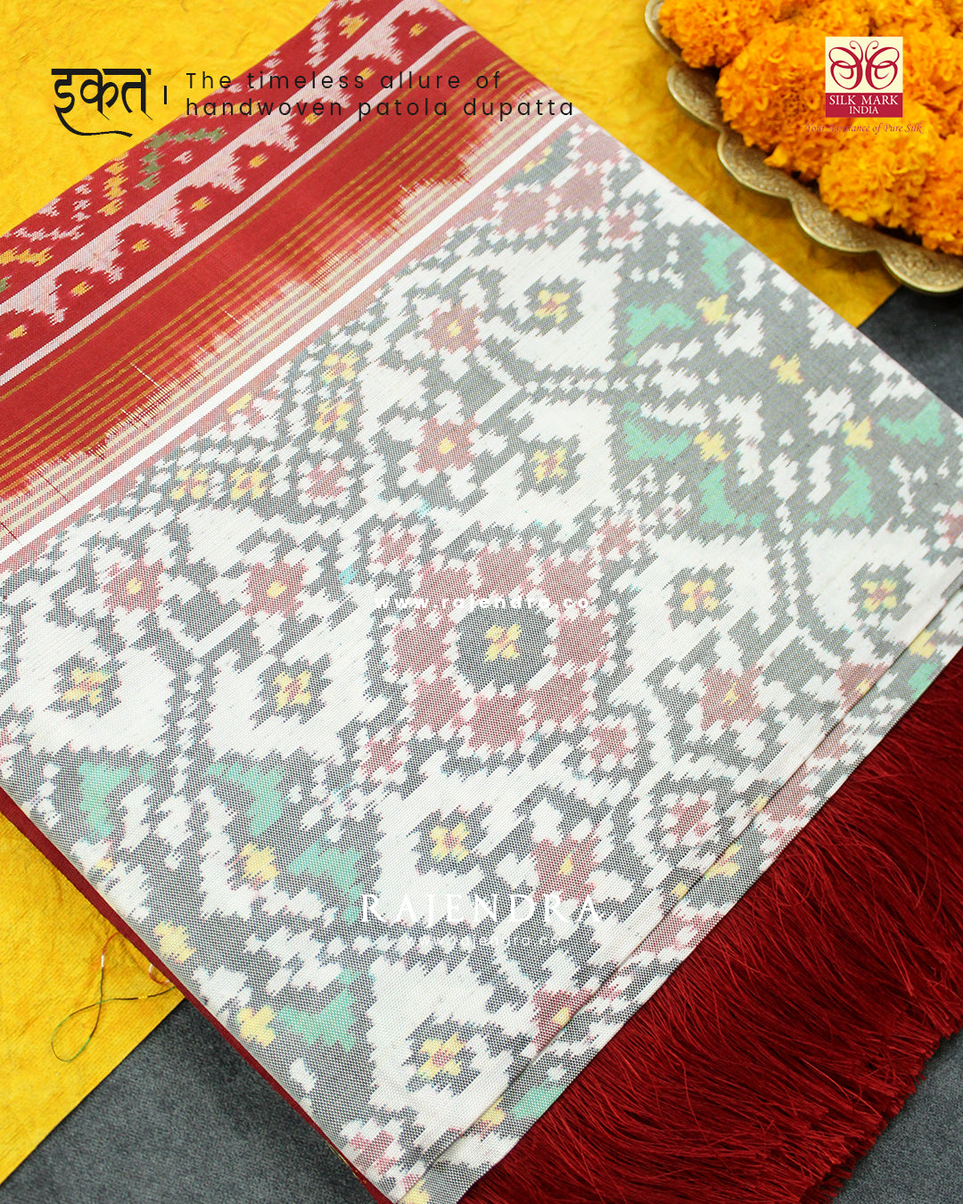 Traditional Navratna Red White Ikat Rajkot Patola Dupatta