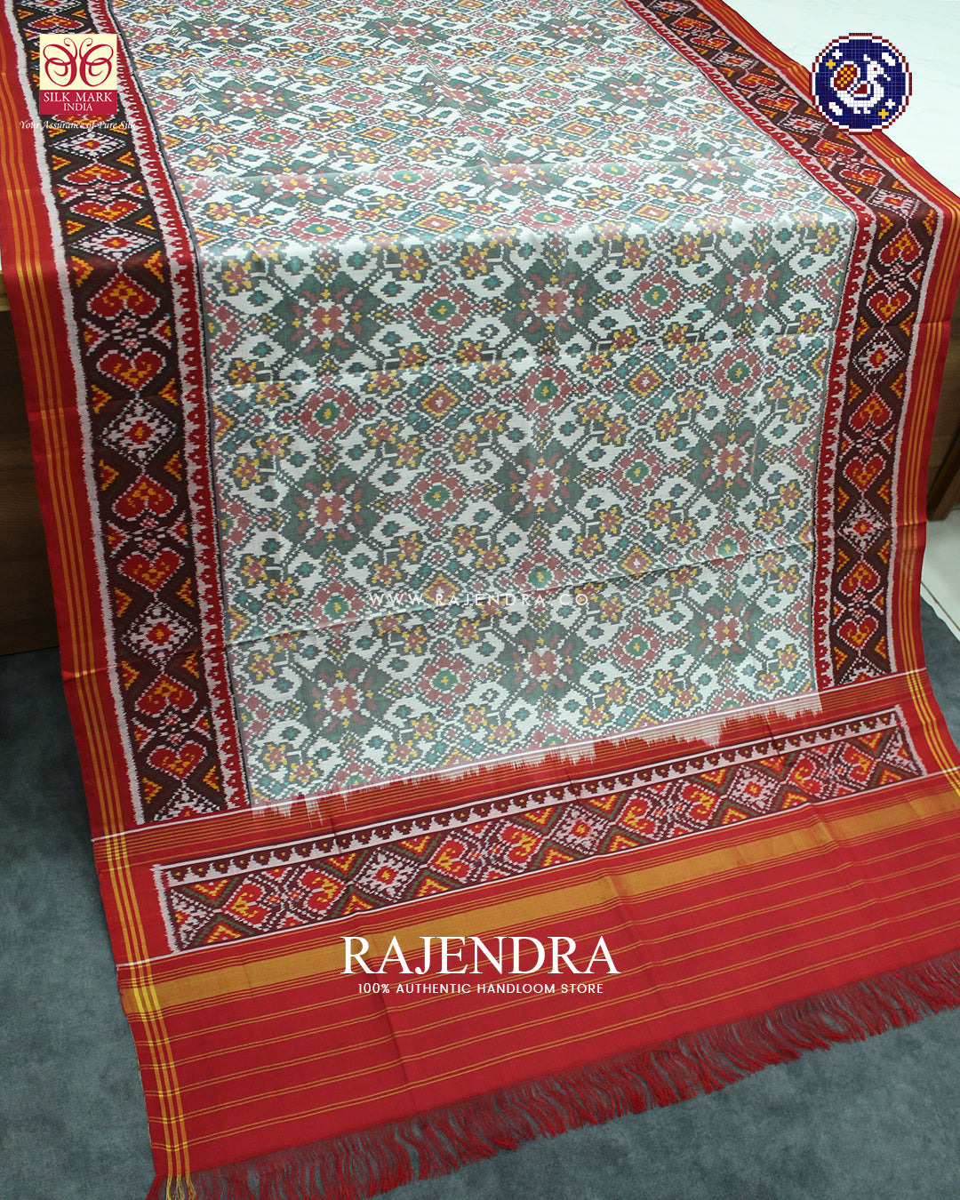 Traditional Navratna Design Red and White Ikat Rajkot Patola Dupatta
