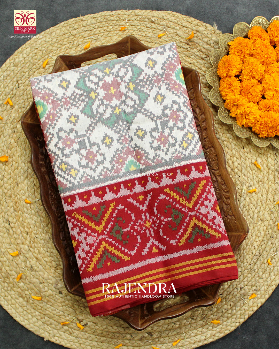 Traditional Navratna Red and White Ikat Rajkot Patola Saree