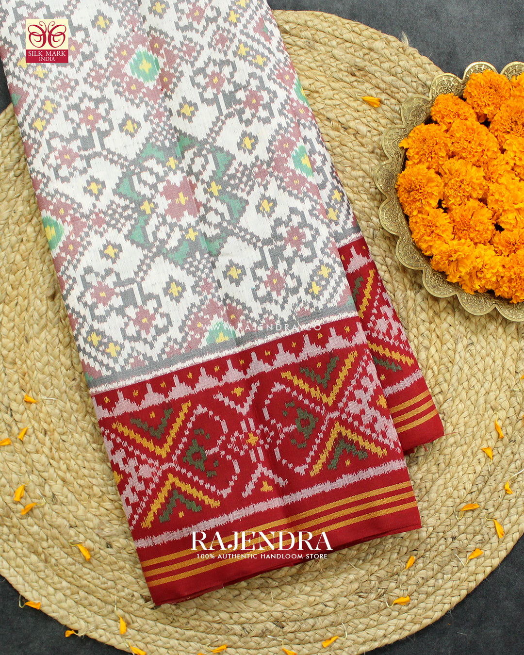 Traditional Navratna Red and White Ikat Rajkot Patola Saree