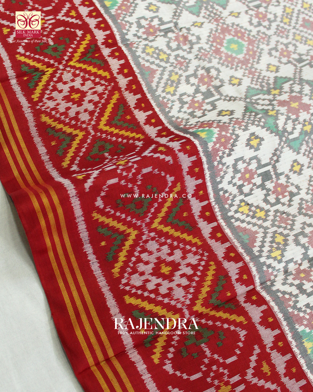 Traditional Navratna Red and White Ikat Rajkot Patola Saree