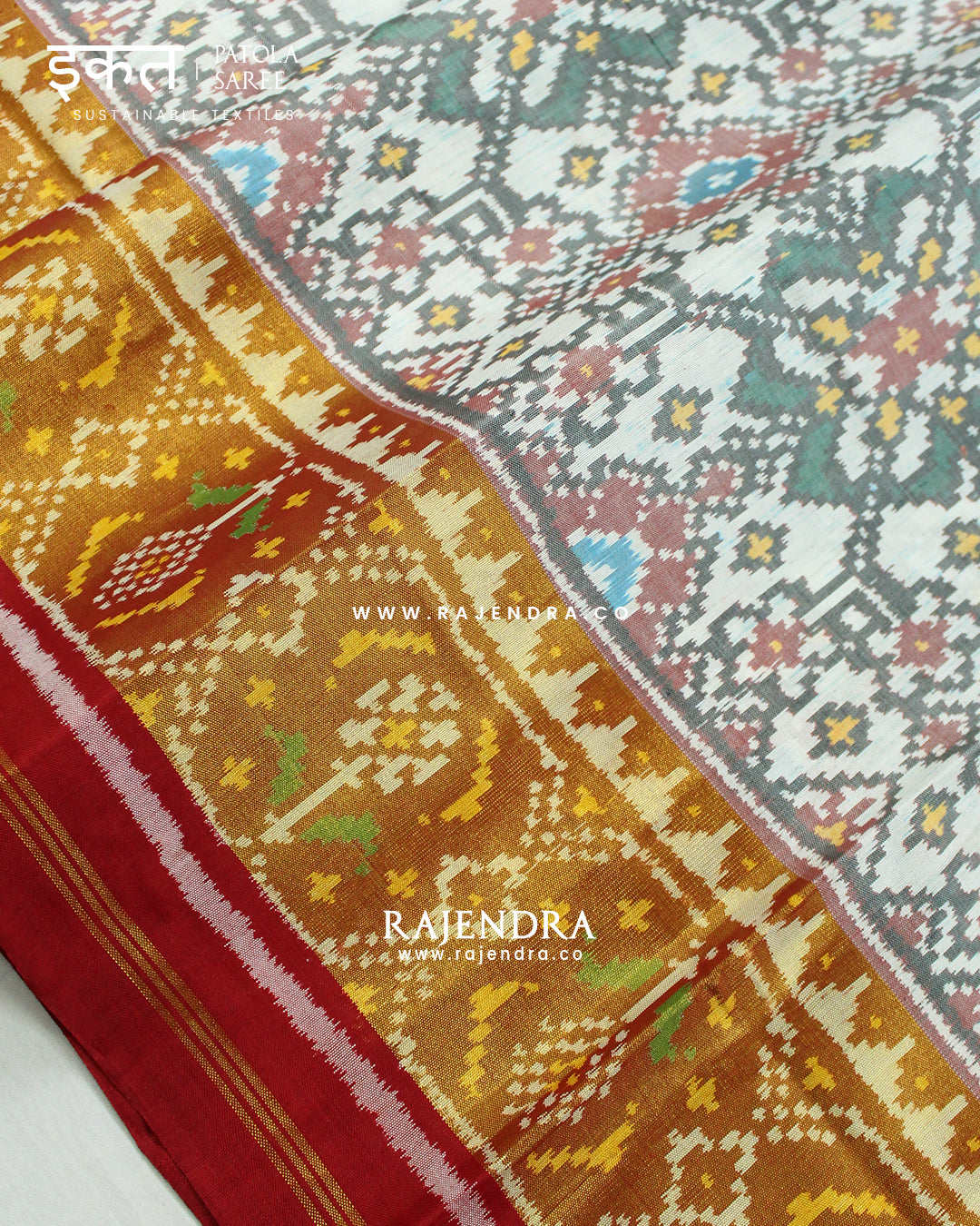 Traditional Navratna Design Red and White Single Ikat Rajkot Patola Saree