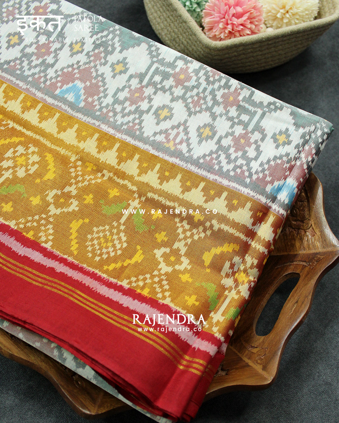 Traditional Navratna Design Red and White Single Ikat Rajkot Patola Saree