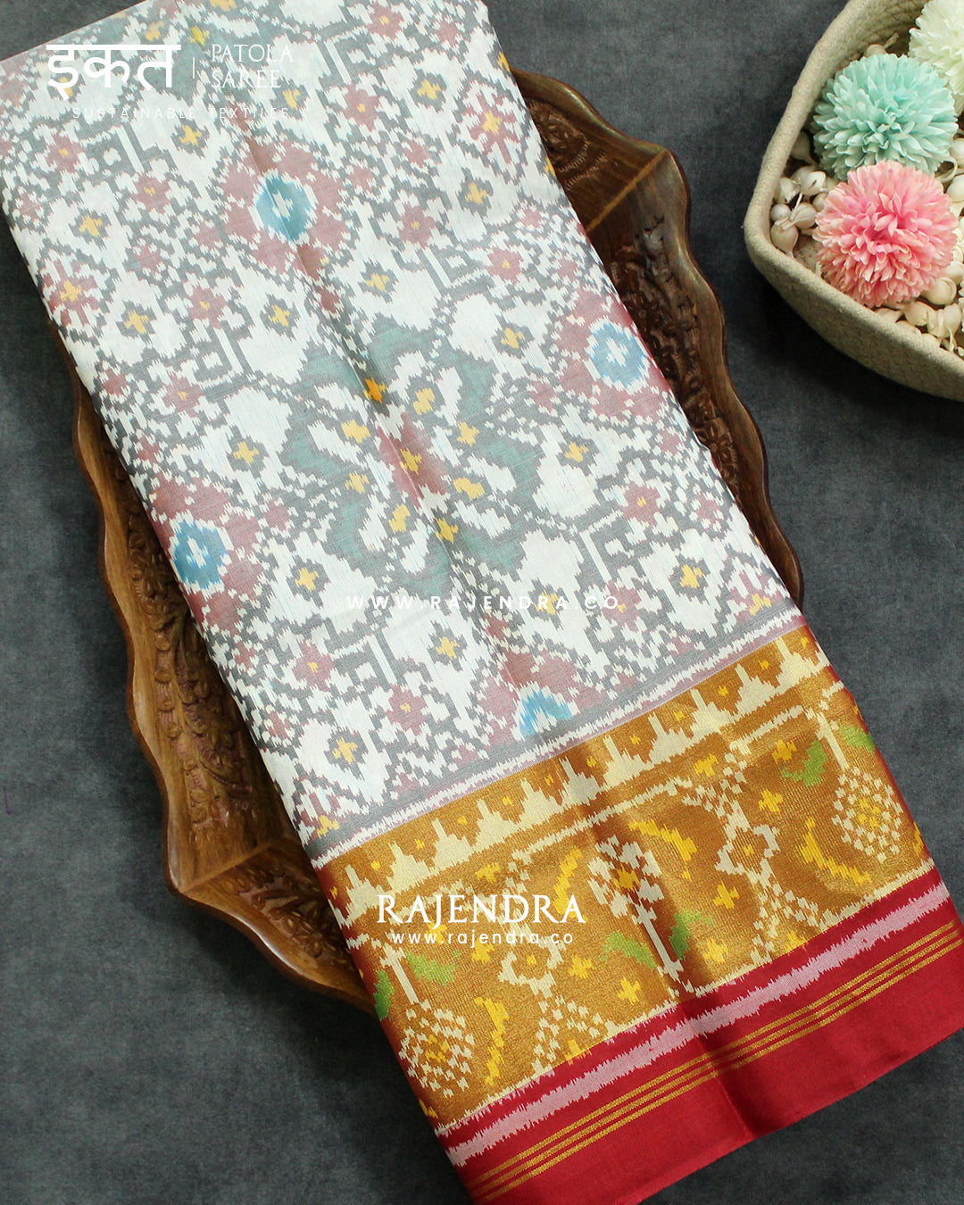 Traditional Navratna Design Red and White Single Ikat Rajkot Patola Saree