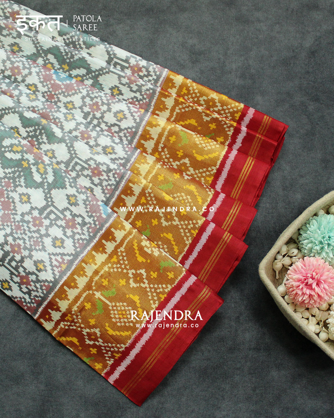 Traditional Navratna Design Red and White Single Ikat Rajkot Patola Saree