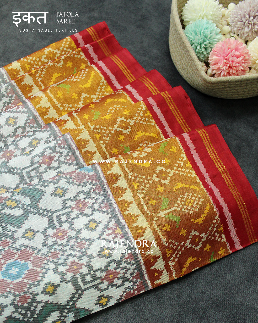 Traditional Navratna Design Red and White Single Ikat Rajkot Patola Saree
