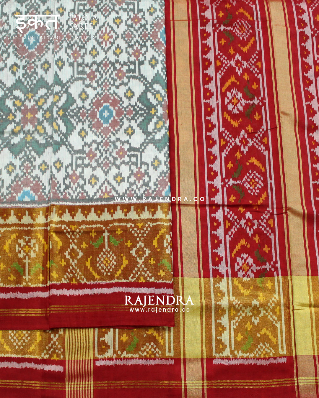 Traditional Navratna Design Red and White Single Ikat Rajkot Patola Saree