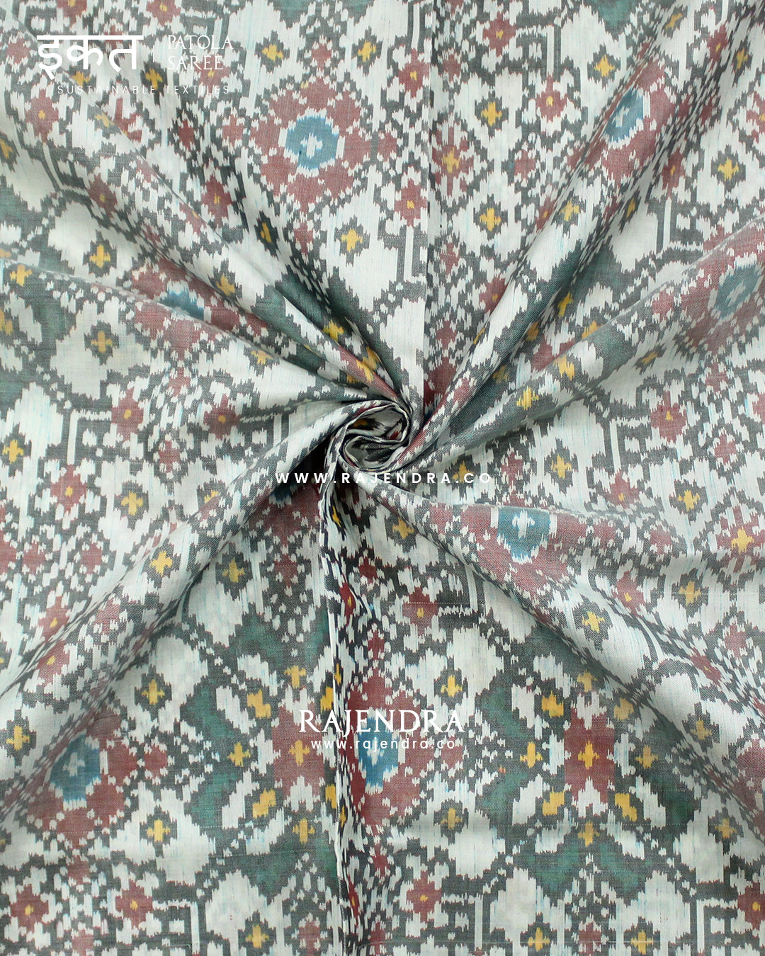 Traditional Navratna Design Red and White Single Ikat Rajkot Patola Saree
