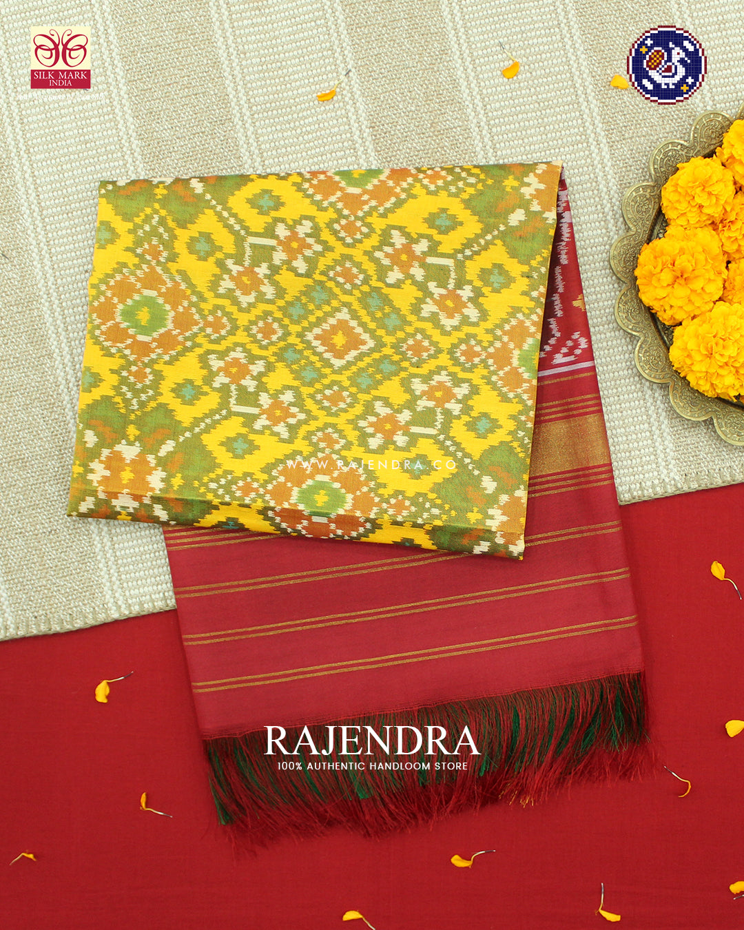 Ganga Jamna Navratna Design Red and Yellow Ikat Rajkot Patola Dupatta