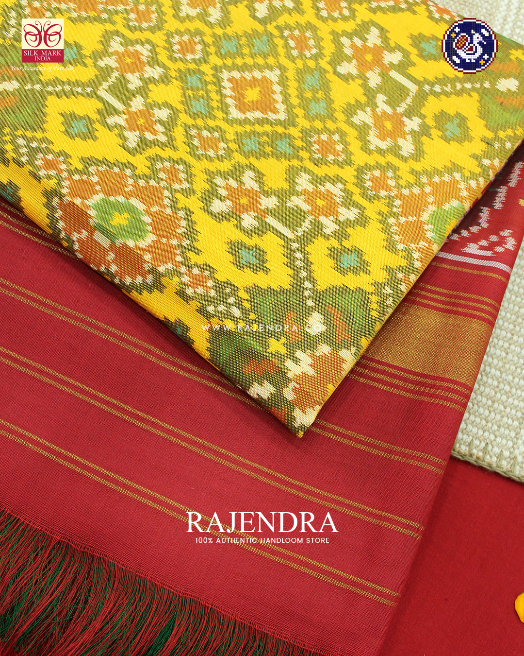 Ganga Jamna Navratna Design Red and Yellow Ikat Rajkot Patola Dupatta