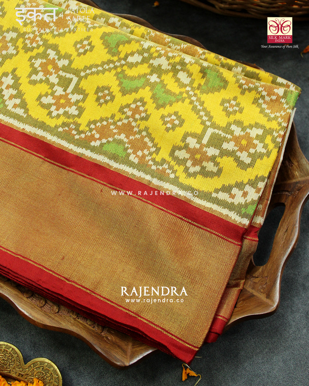 Traditional Navratna Red Yellow Zari Tissue Single Ikat Rajkot Patola Saree