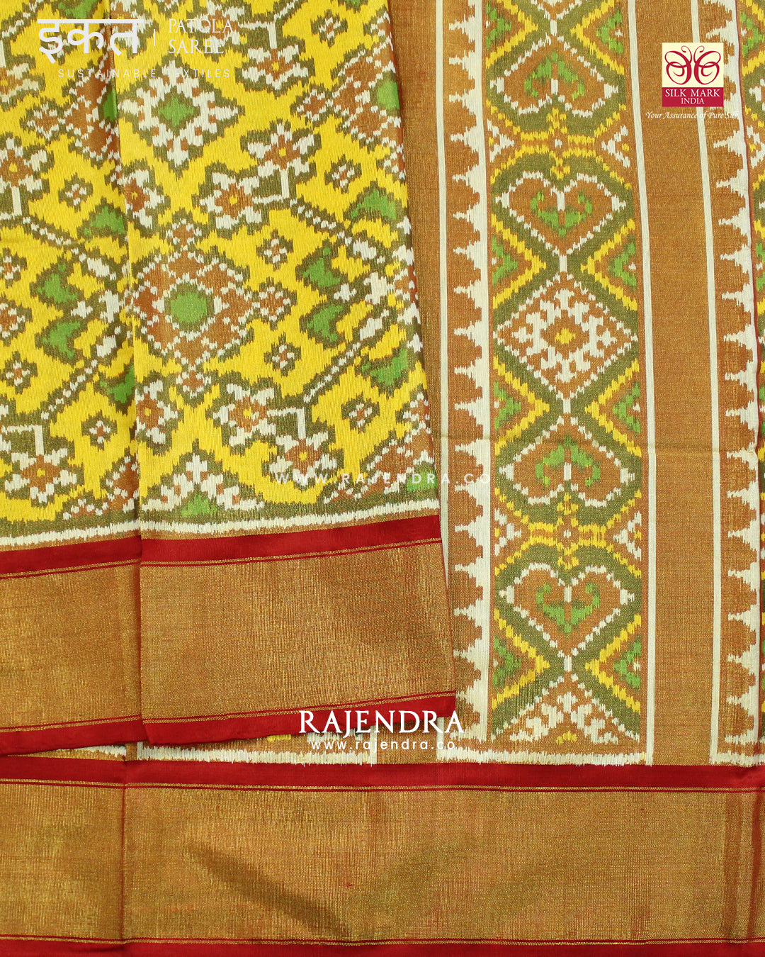 Traditional Navratna Red Yellow Zari Tissue Single Ikat Rajkot Patola Saree