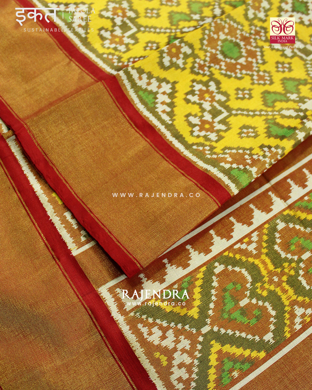Traditional Navratna Red Yellow Zari Tissue Single Ikat Rajkot Patola Saree