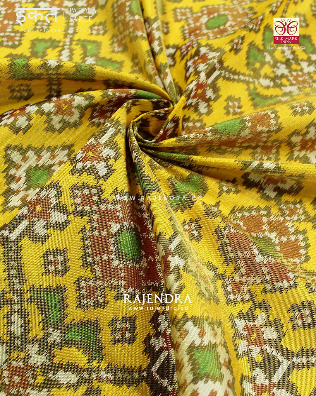 Traditional Navratna Red Yellow Zari Tissue Single Ikat Rajkot Patola Saree
