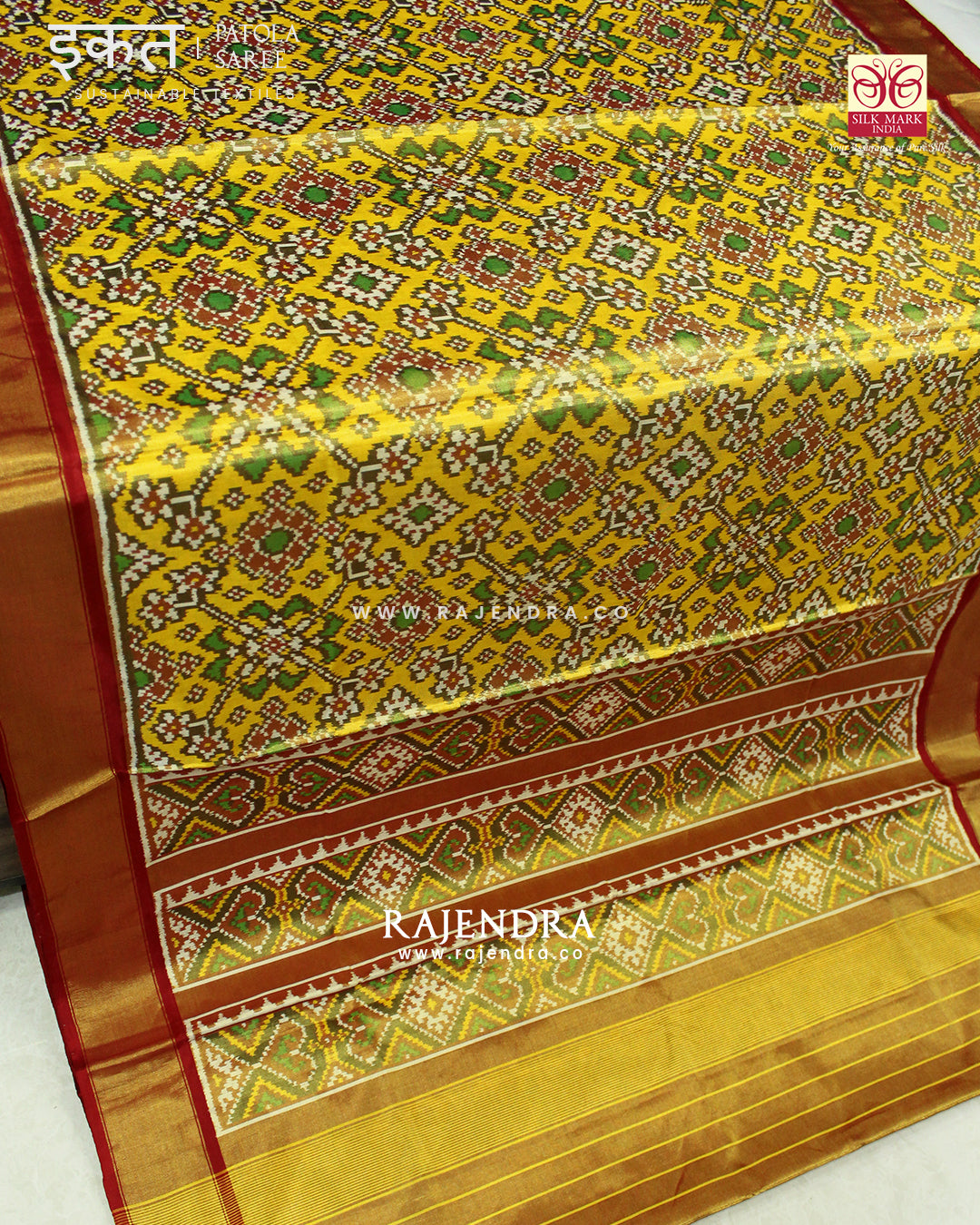 Traditional Navratna Red Yellow Zari Tissue Single Ikat Rajkot Patola Saree