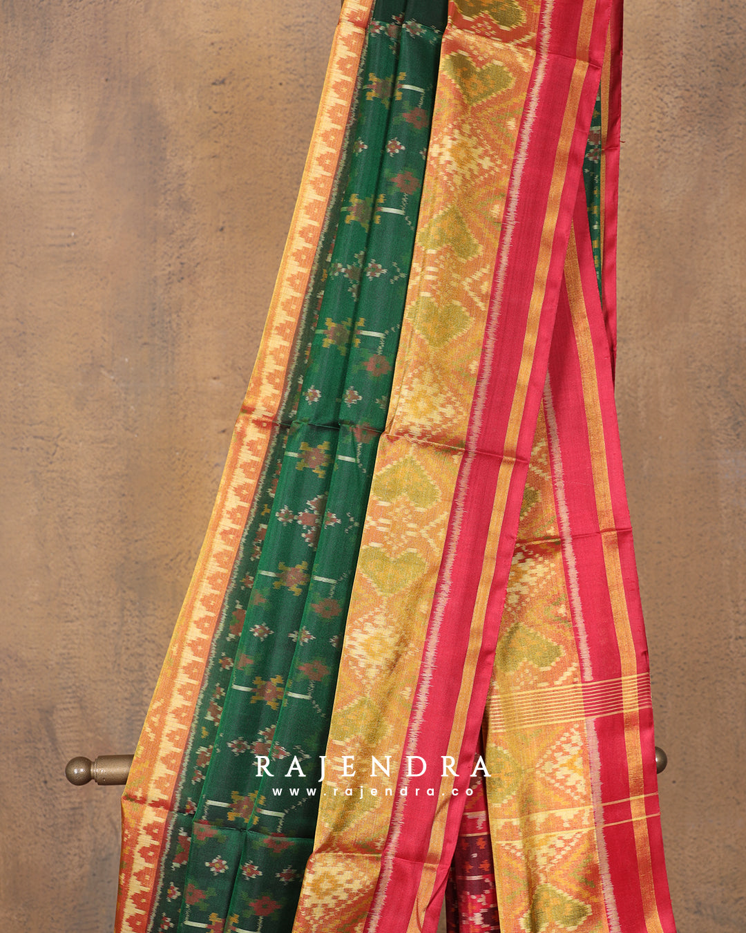 Traditional Navratna Bhat Red and Green Single Ikat Rajkot Patola Saree