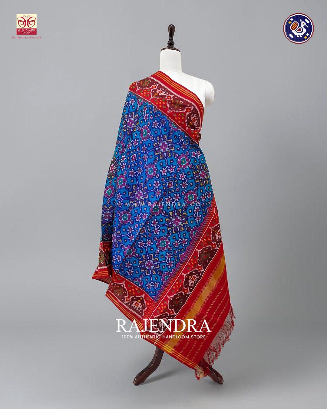Traditional Navratna Design Red and Blue Ikat Rajkot Patola Dupatta